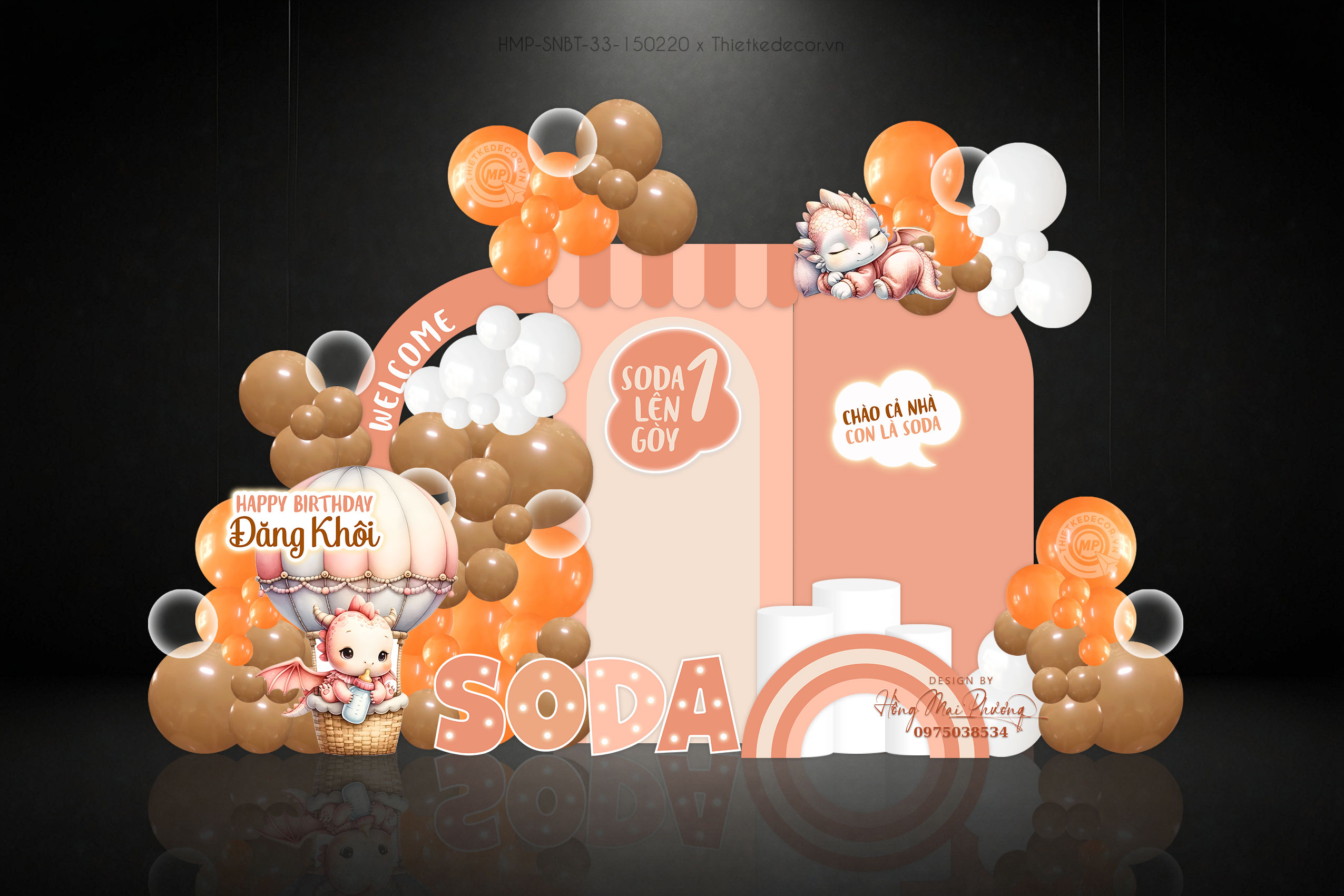 Sinh nhật bé trai tuổi rồng tone cam khinh khí cầu